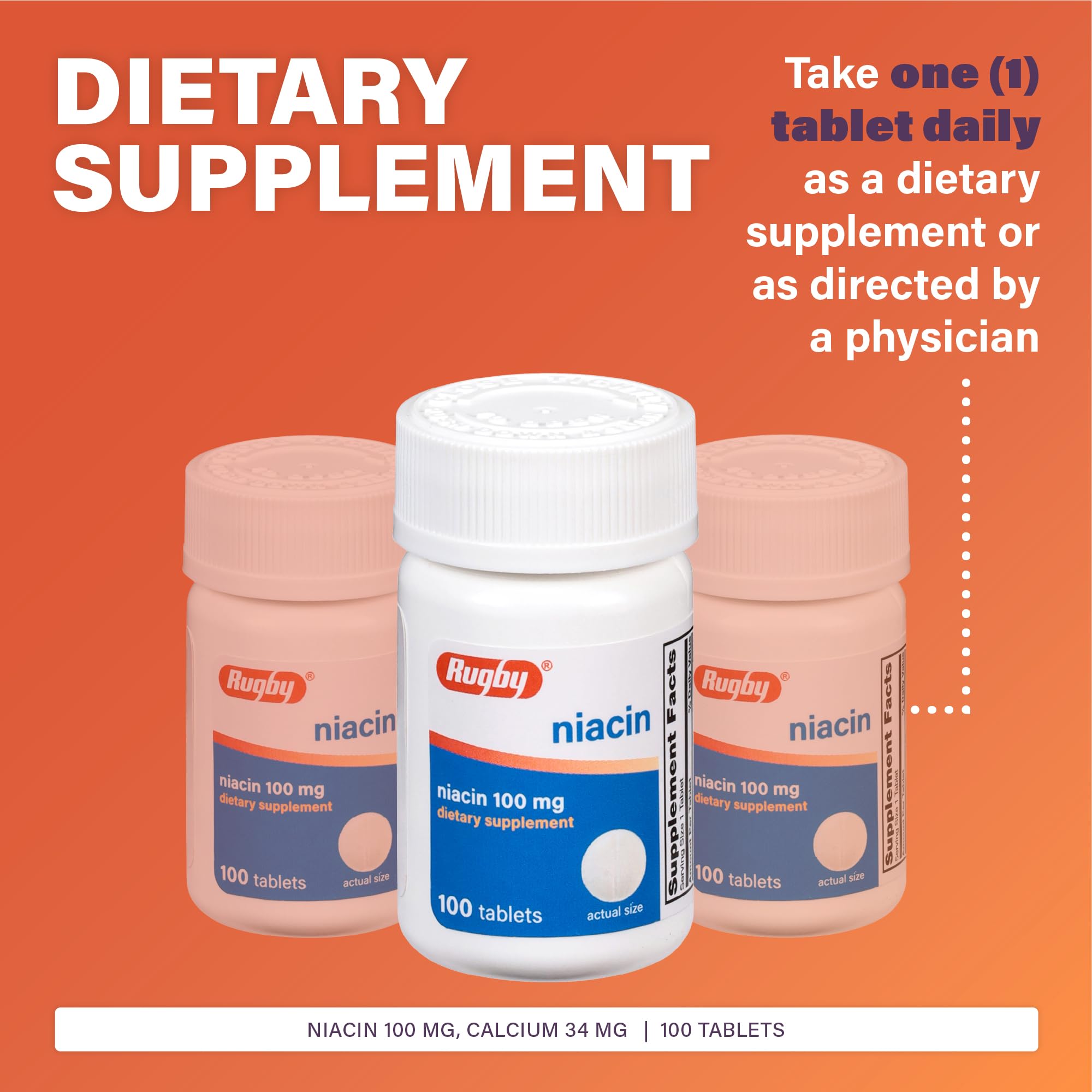 Ingredients panel showing 100mg niacin and 34mg calcium per tablet