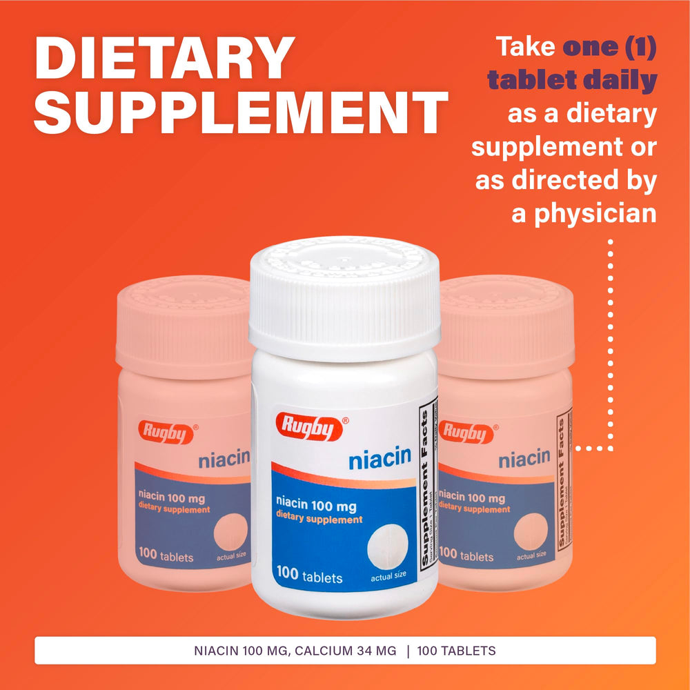 Ingredients panel showing 100mg niacin and 34mg calcium per tablet