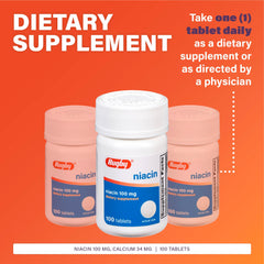 Ingredients panel showing 100mg niacin and 34mg calcium per tablet