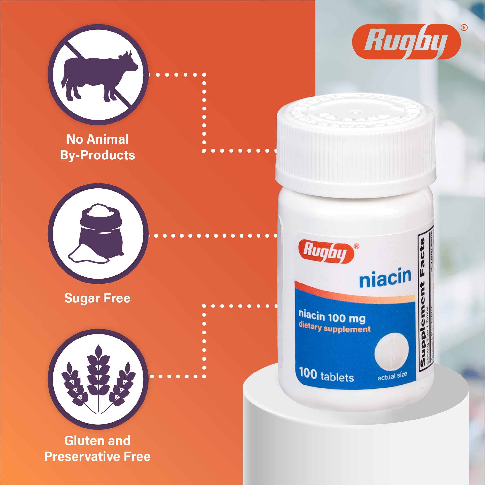 Product packaging for Rugby Niacin 100mg dietary supplement