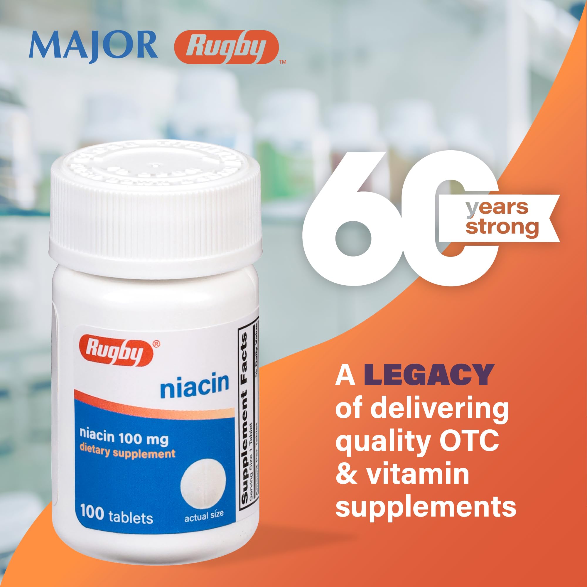 Close-up of Rugby Niacin 100mg tablets