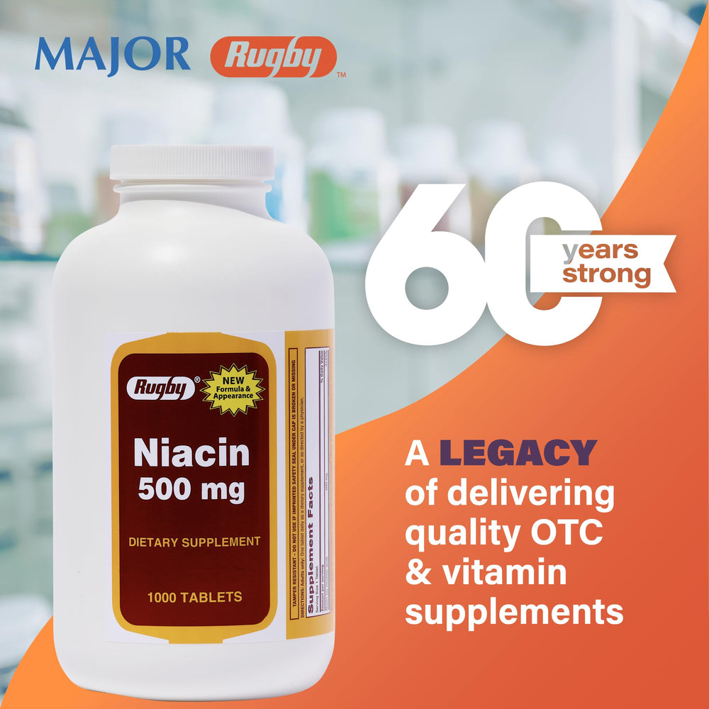 Rugby Niacin 500mg 1000-count bottle back panel with nutrition facts