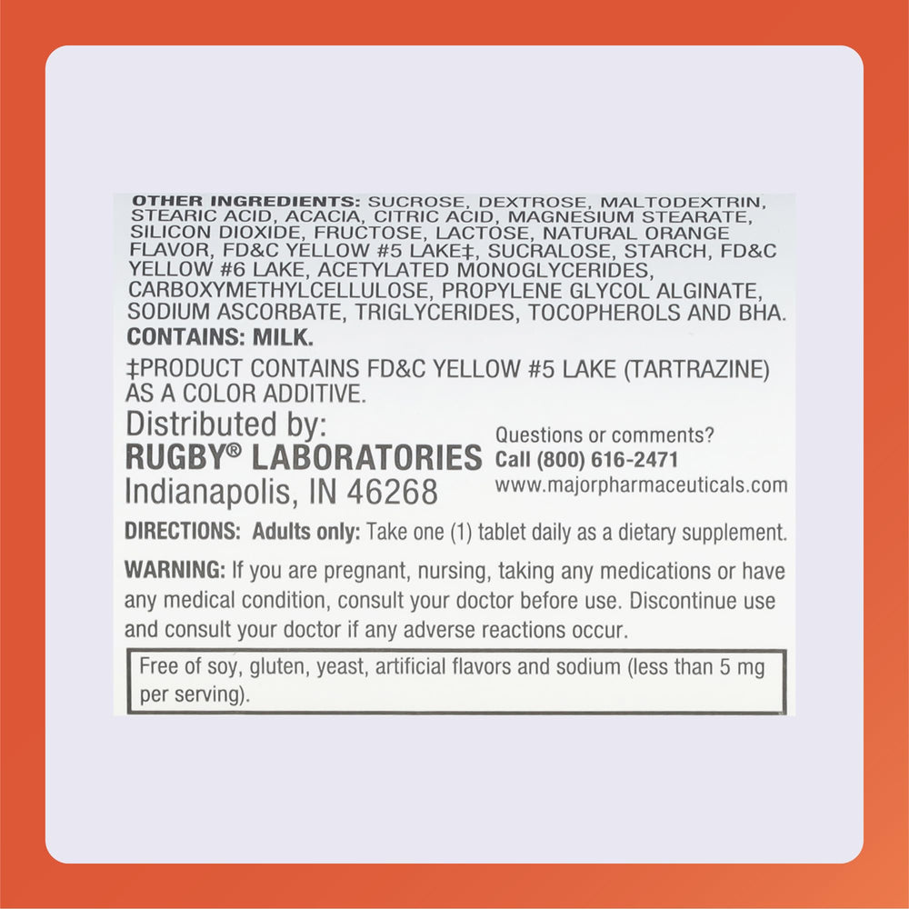 Packaging view showing orange-flavored Rugby calcium chewable tablets and branding.