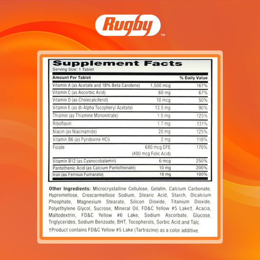 Rugby Tab-A-Vite multivitamin bottle back label with supplement facts