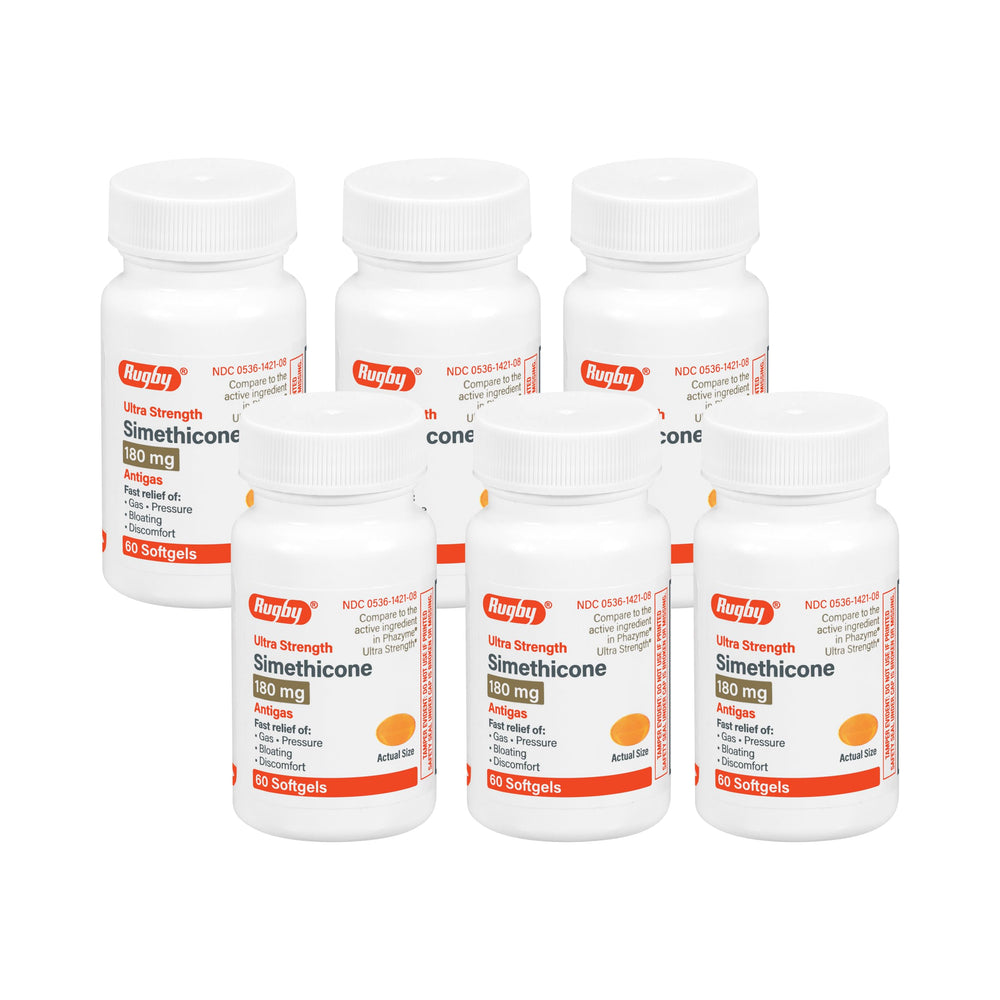 Rugby Ultra Strength Simethicone gas relief softgels front view for post-meal comfort
