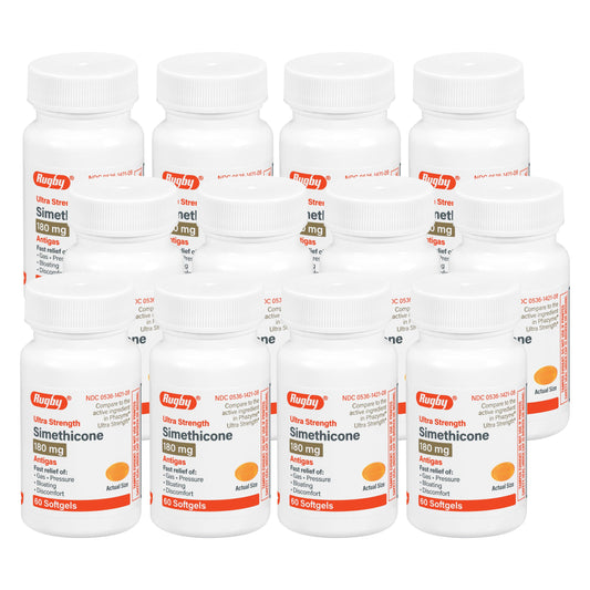 Rugby Ultra Strength simethicone gas relief bottle with 60 softgels for fast stomach comfort.