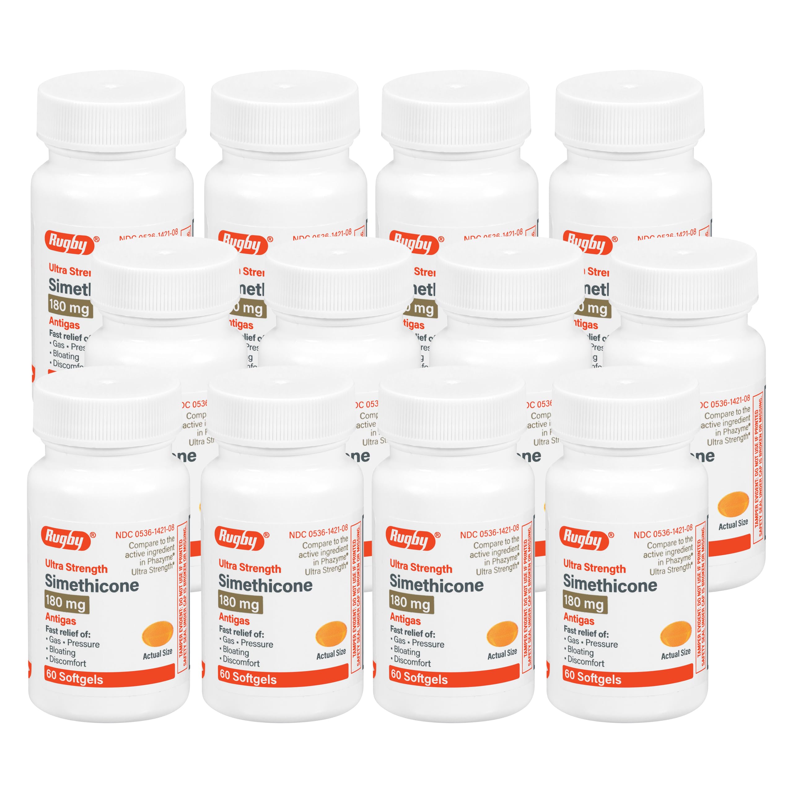 Rugby Ultra Strength simethicone gas relief bottle with 60 softgels for fast stomach comfort.