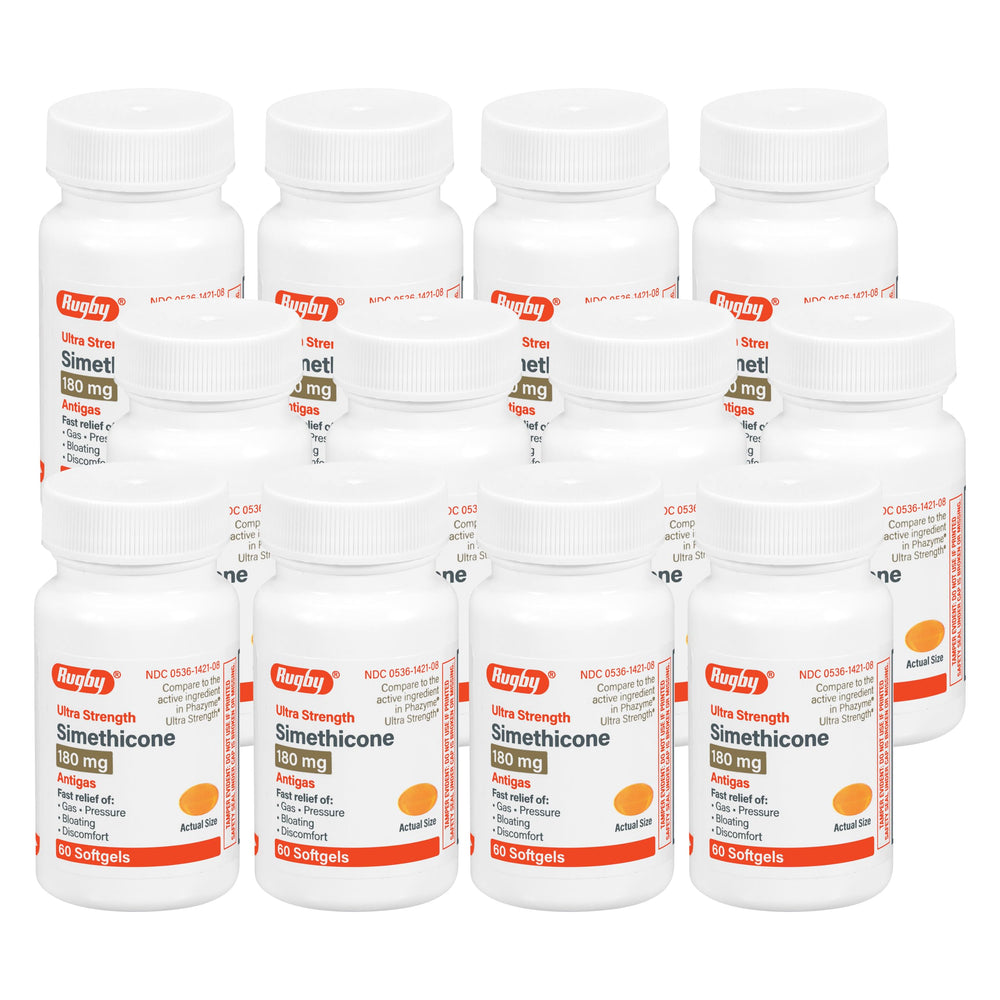 Rugby Ultra Strength simethicone gas relief bottle with 60 softgels for fast stomach comfort.