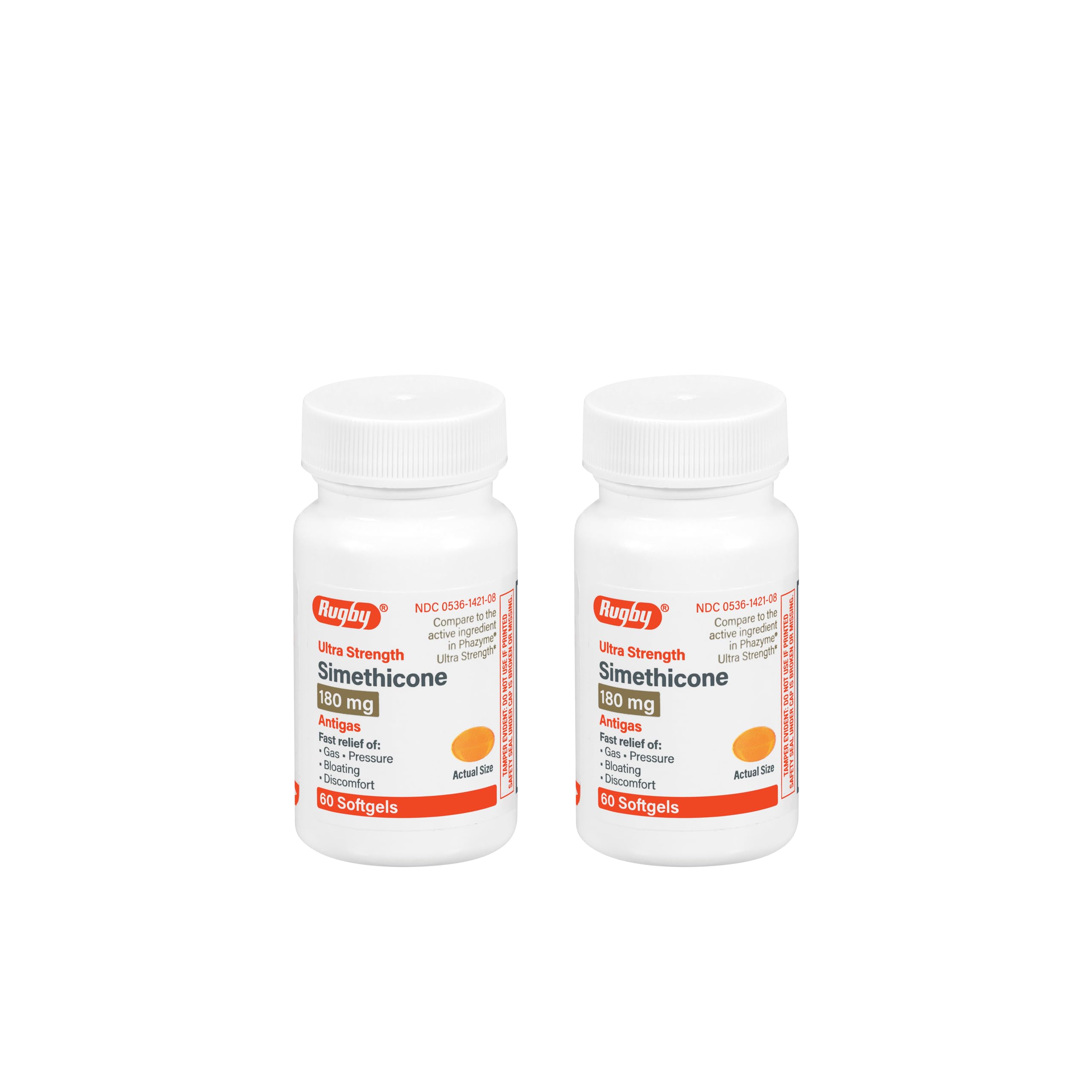 Rugby Ultra Strength Simethicone gas relief bottle showing dosage details for after-meal use.