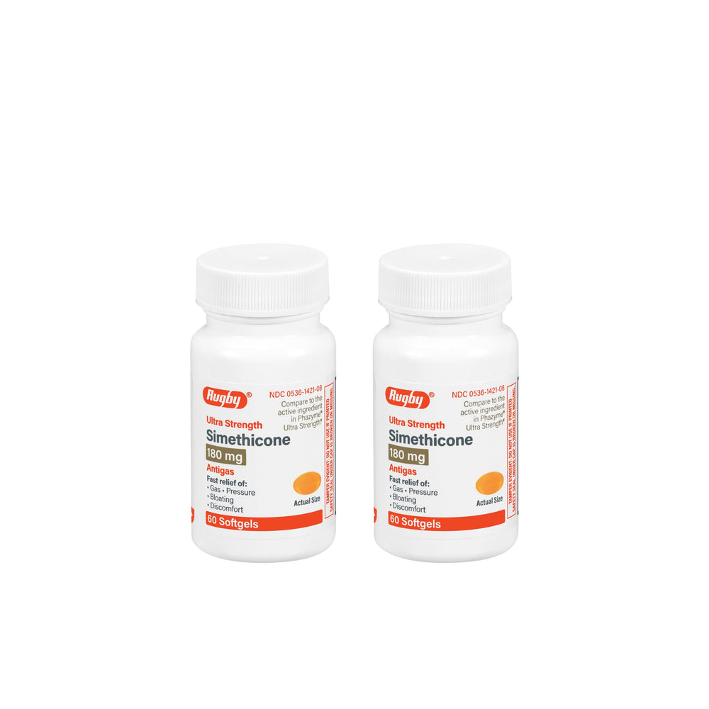 Rugby Ultra Strength Simethicone gas relief bottle showing dosage details for after-meal use.