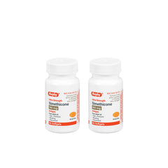 Rugby Ultra Strength Simethicone gas relief bottle showing dosage details for after-meal use.