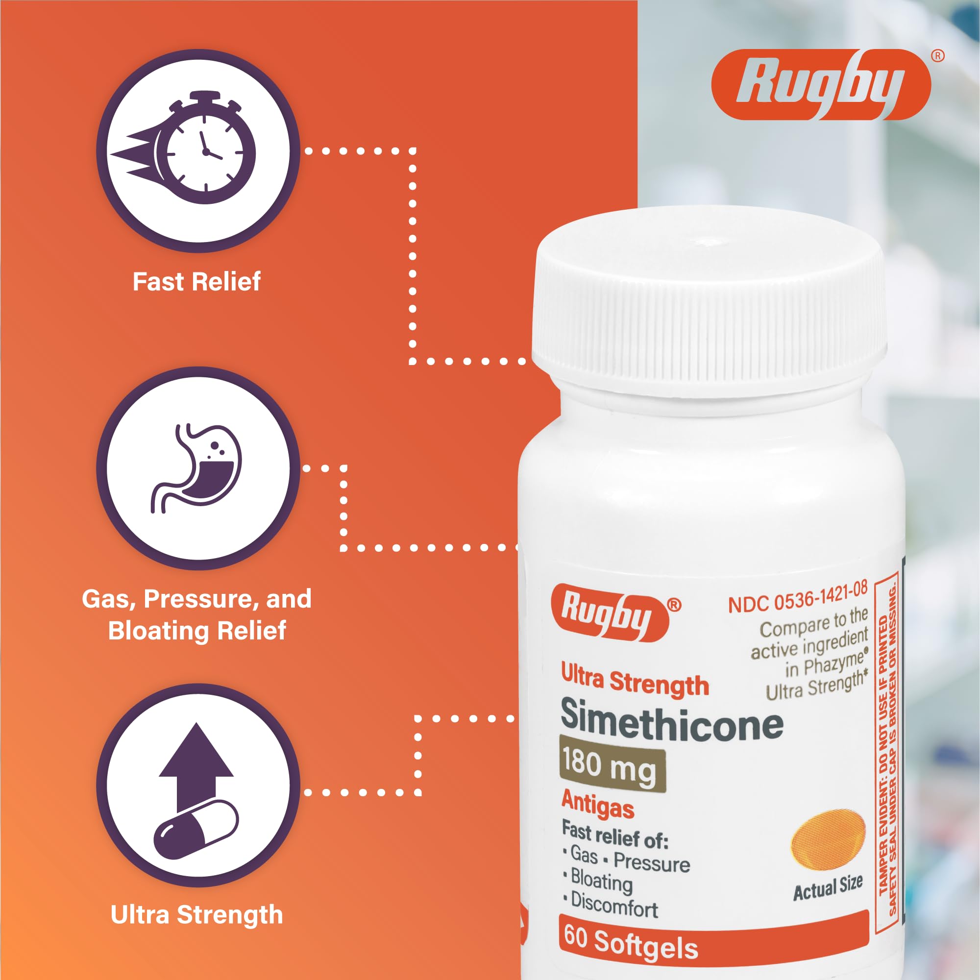 Rugby Ultra Strength Simethicone gas relief pack front demonstrates two-pack value.