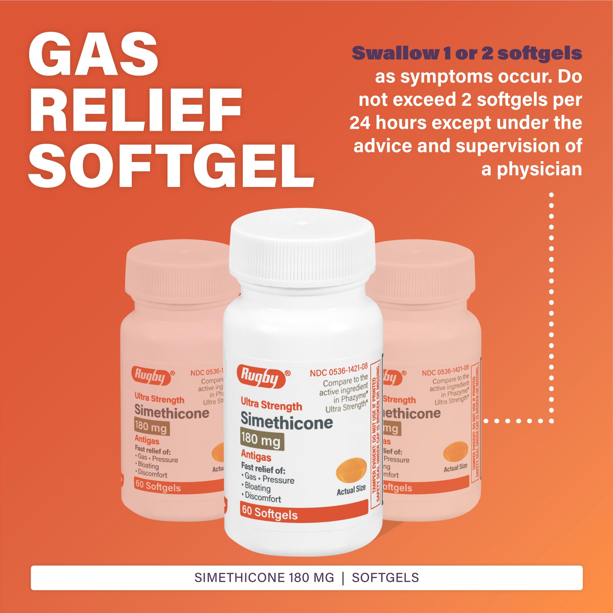 Rugby Ultra Strength Simethicone softgels closeup highlighting 180 mg strength.