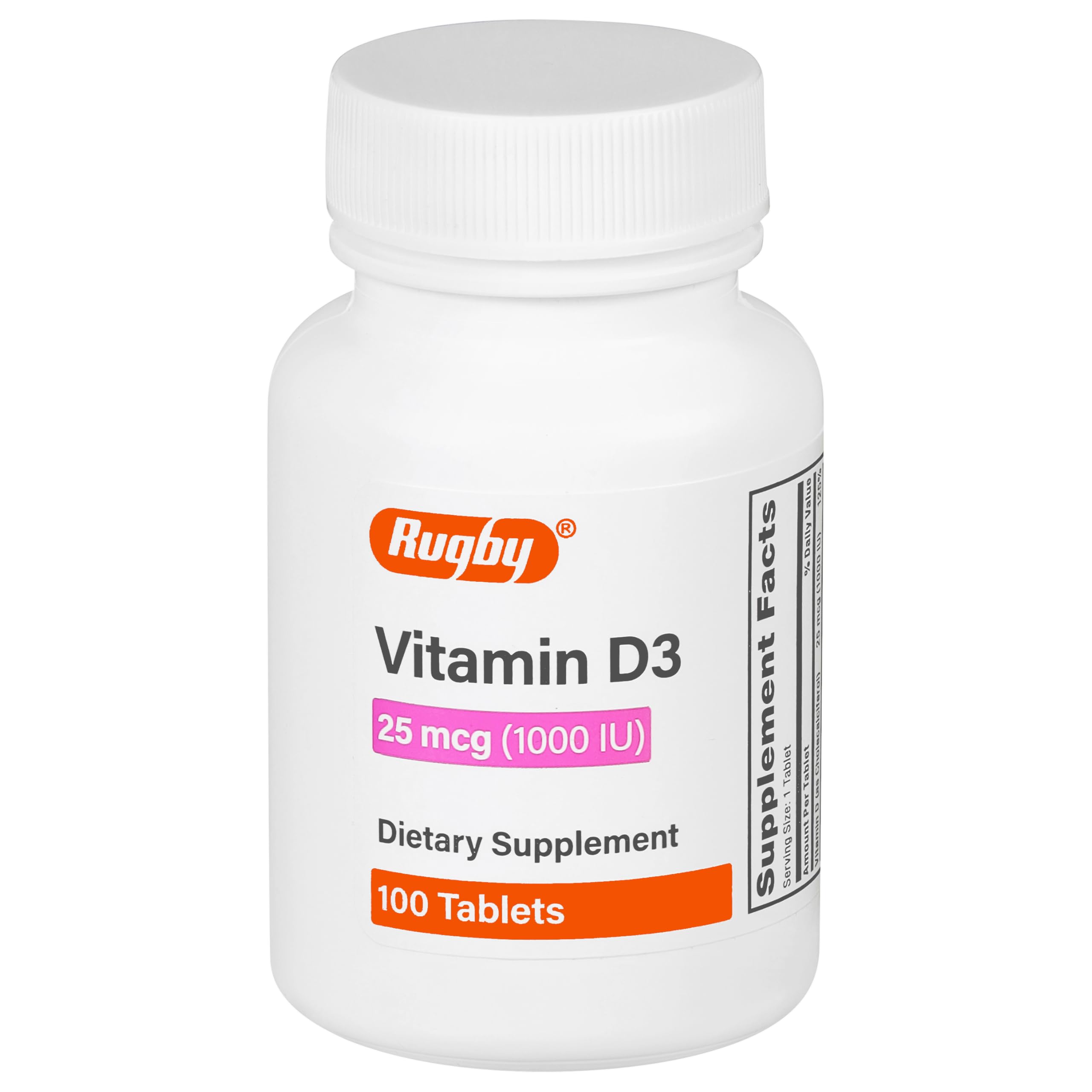 Rugby Vitamin D3 bottle label showing 1000 IU (25 mcg)