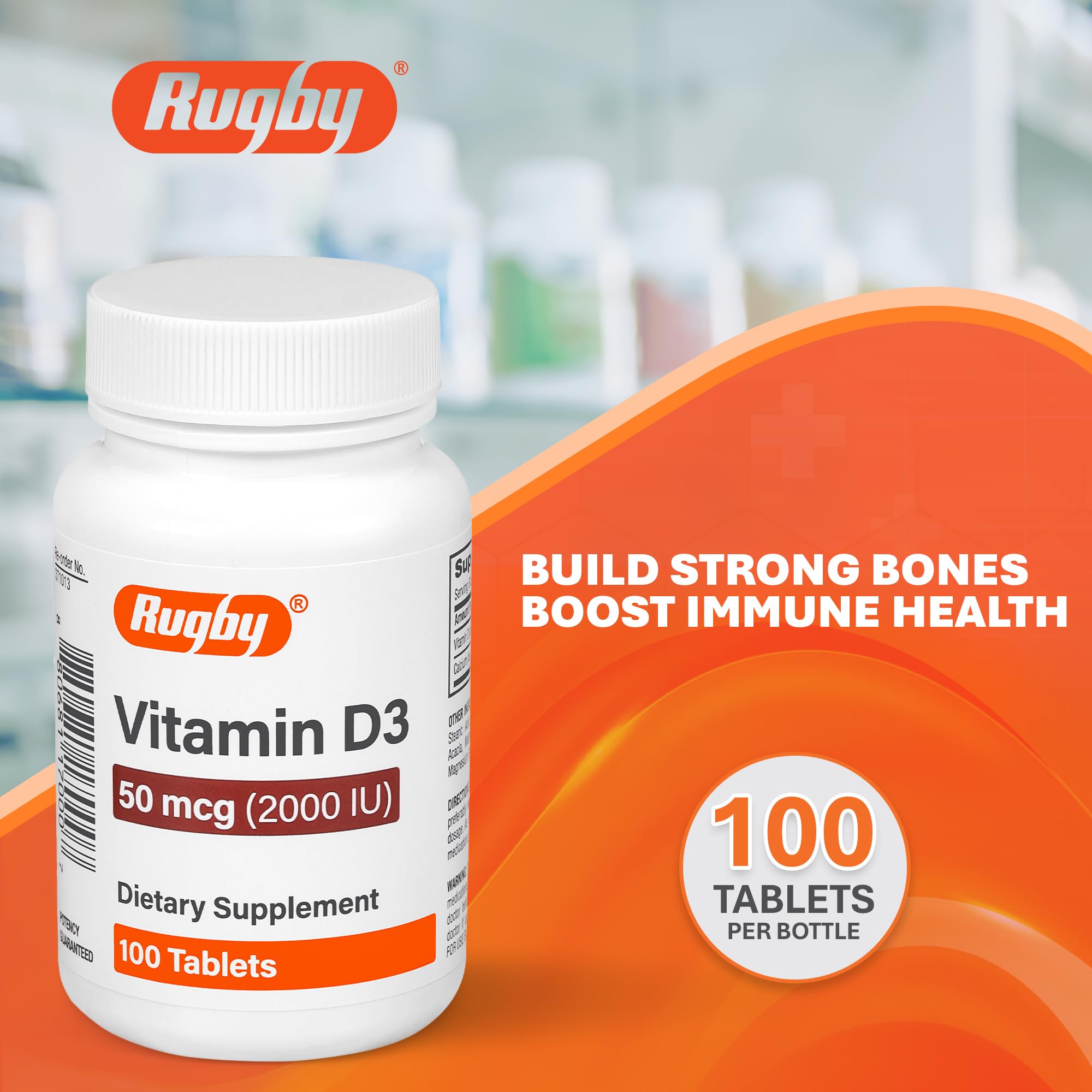 Back label of Rugby Vitamin D3 bottle showing ingredients
