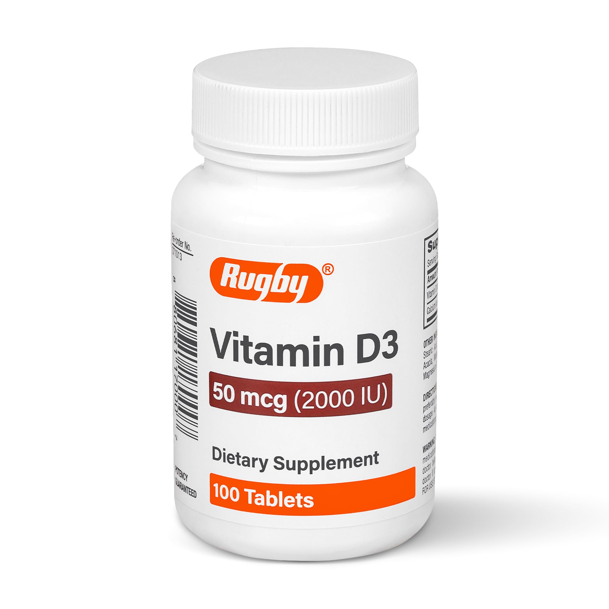 Front view of Rugby Vitamin D3 2000 IU bottle with 100 tablets