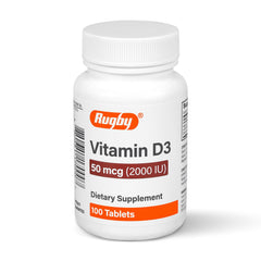 Front view of Rugby Vitamin D3 2000 IU bottle with 100 tablets