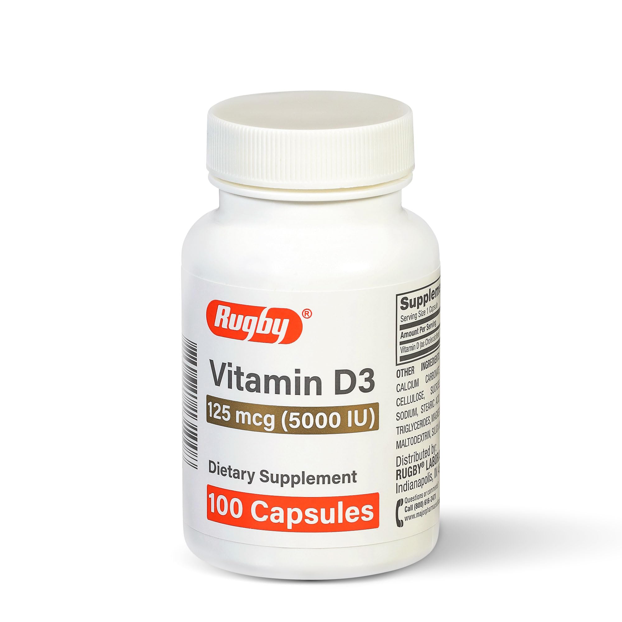 Rugby Vitamin D3 bottle showing 5000 IU per capsule