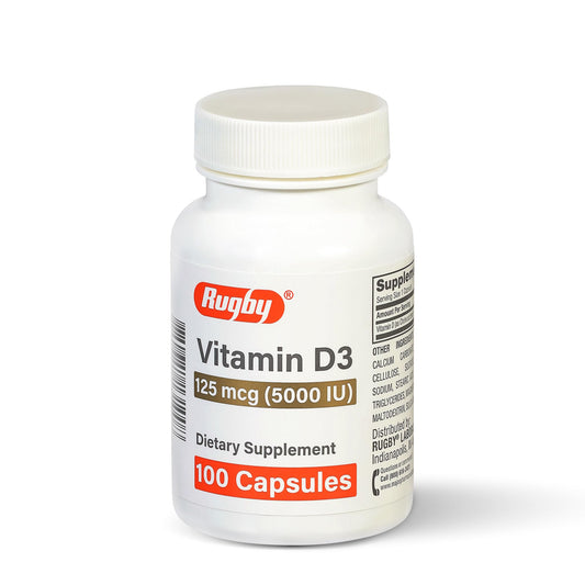 Rugby Vitamin D3 bottle showing 5000 IU per capsule