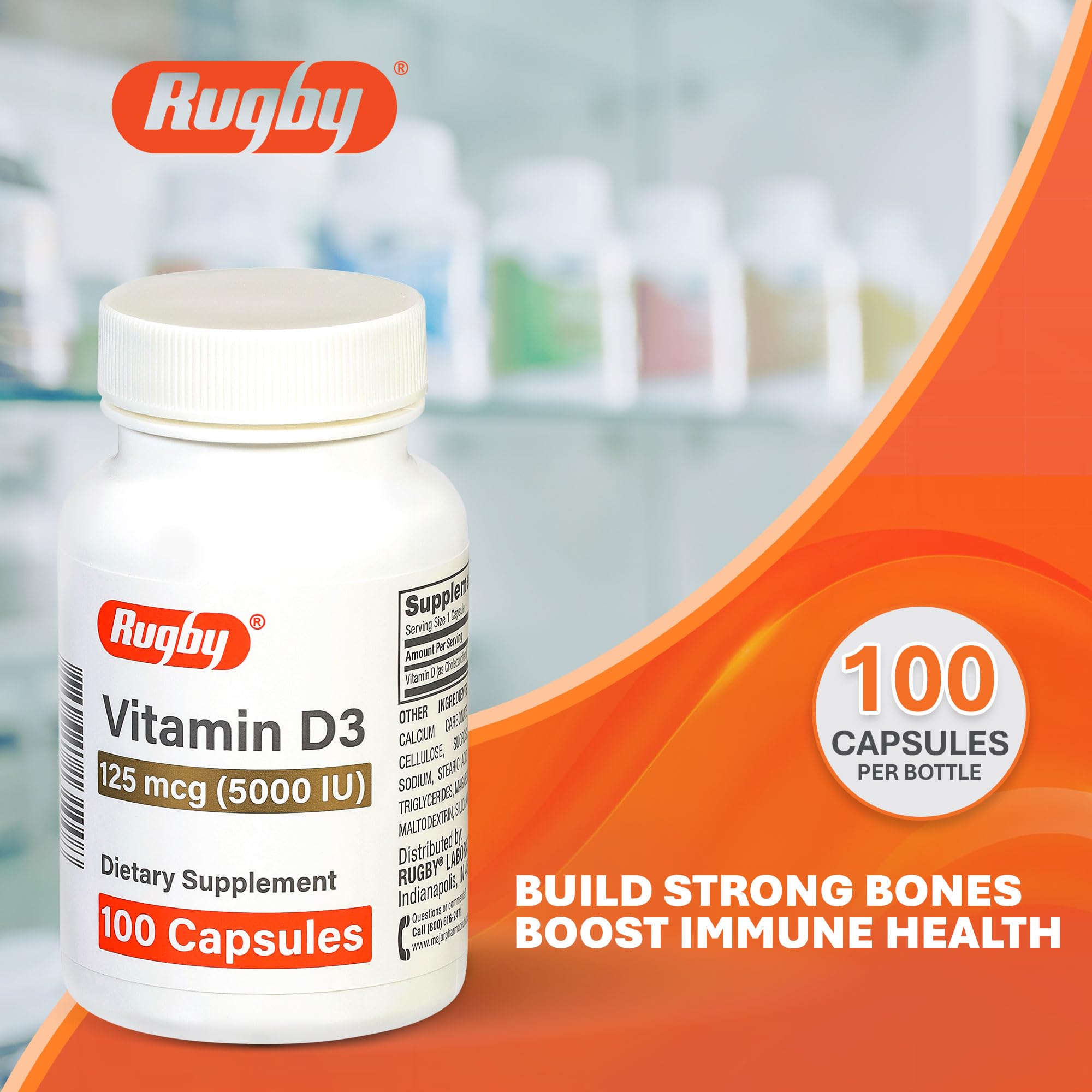 Close-up of Vitamin D3 capsules from Rugby Laboratories