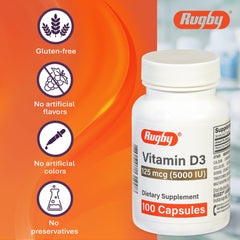 Rugby Vitamin D3 bottle placed on a white surface