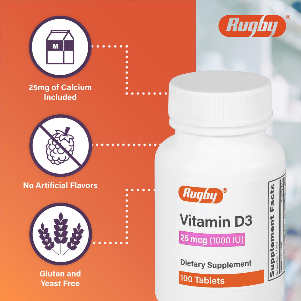 Close-up of Rugby Vitamin D3 label on bottle