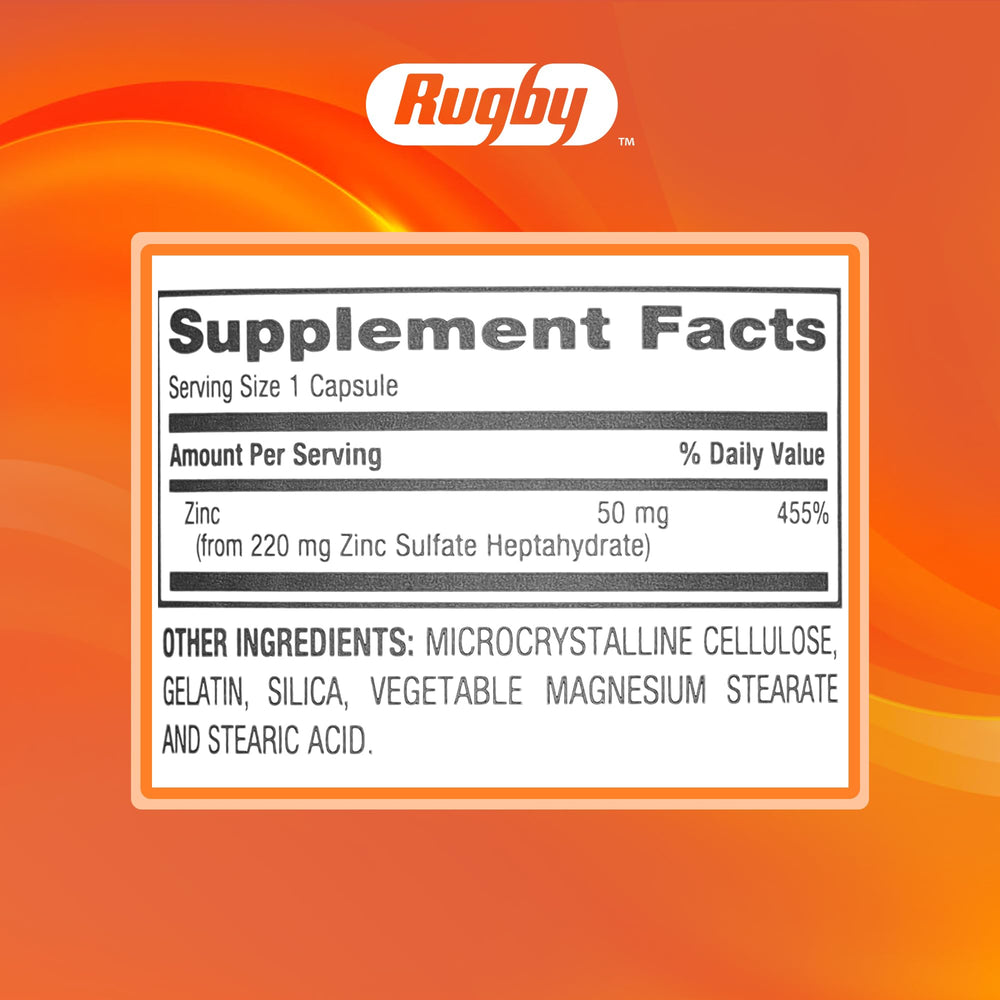 Close-up of Rugby Zinc 50mg capsules