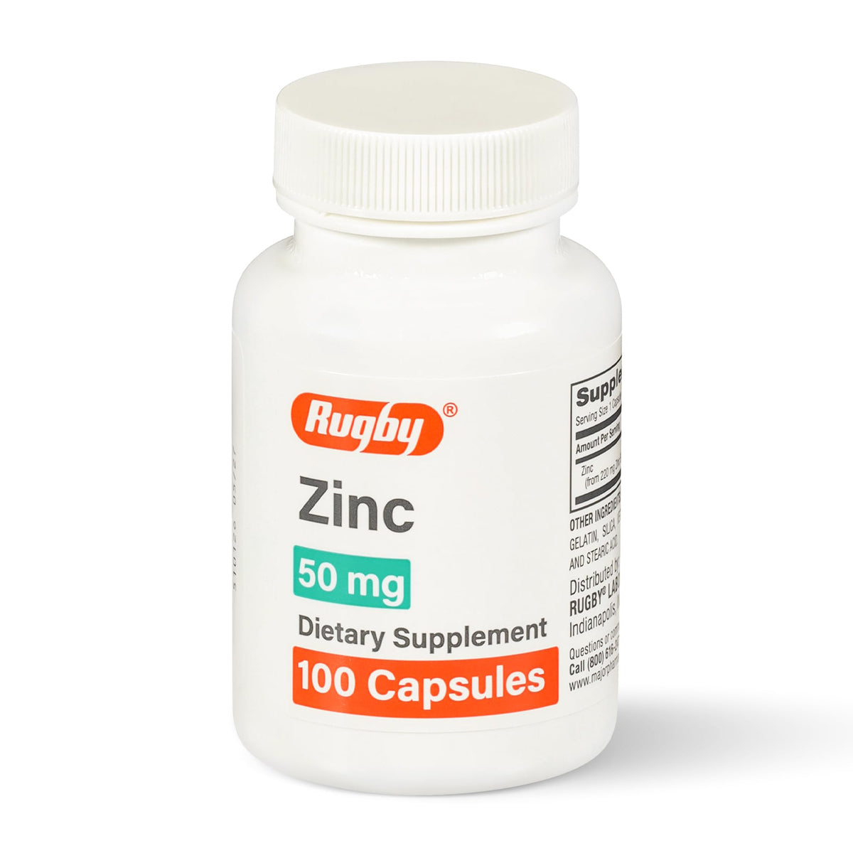Rugby Zinc 50mg gluten-free daily supplement bottle with 100 count