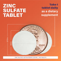 One zinc sulfate tablet shown beside the bottle