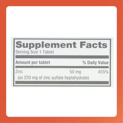 Supplement facts panel of Rugby Zinc Sulfate tablets