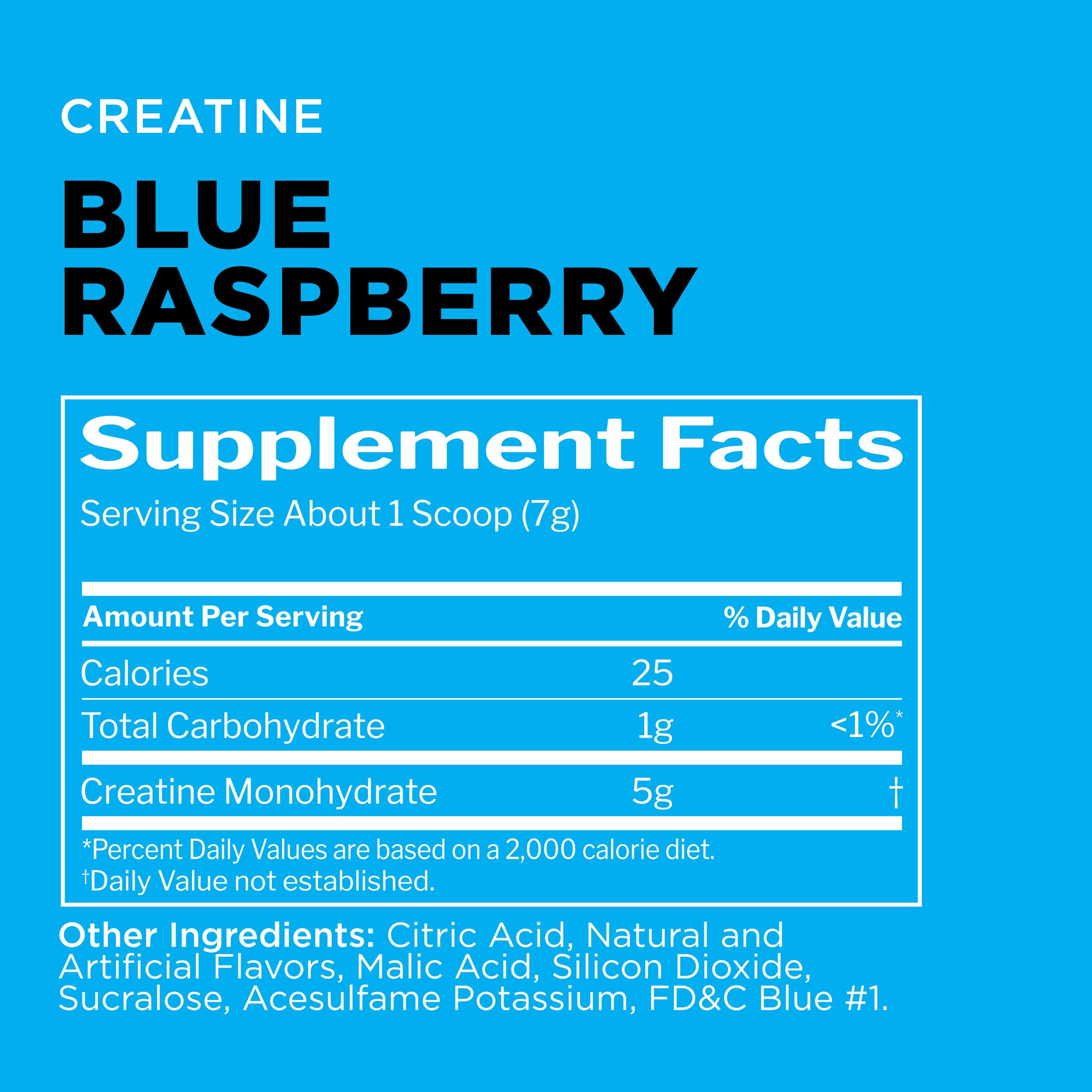 Rule 1 Creatine Powder Blue Raspberry flavor packaging back with supplement facts