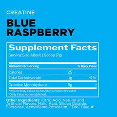 Rule 1 Creatine Powder Blue Raspberry flavor packaging back with supplement facts