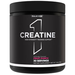 Rule 1 Creatine Powder Fruit Punch flavor bottle and label