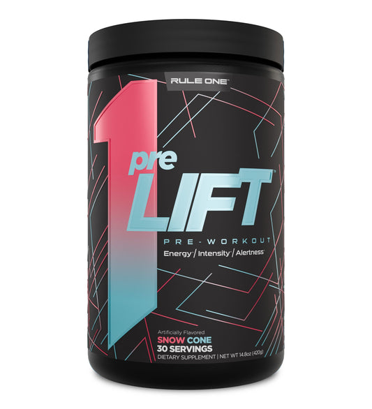 Rule 1 preLIFT Pre-Workout Snow Cone tub with scoop