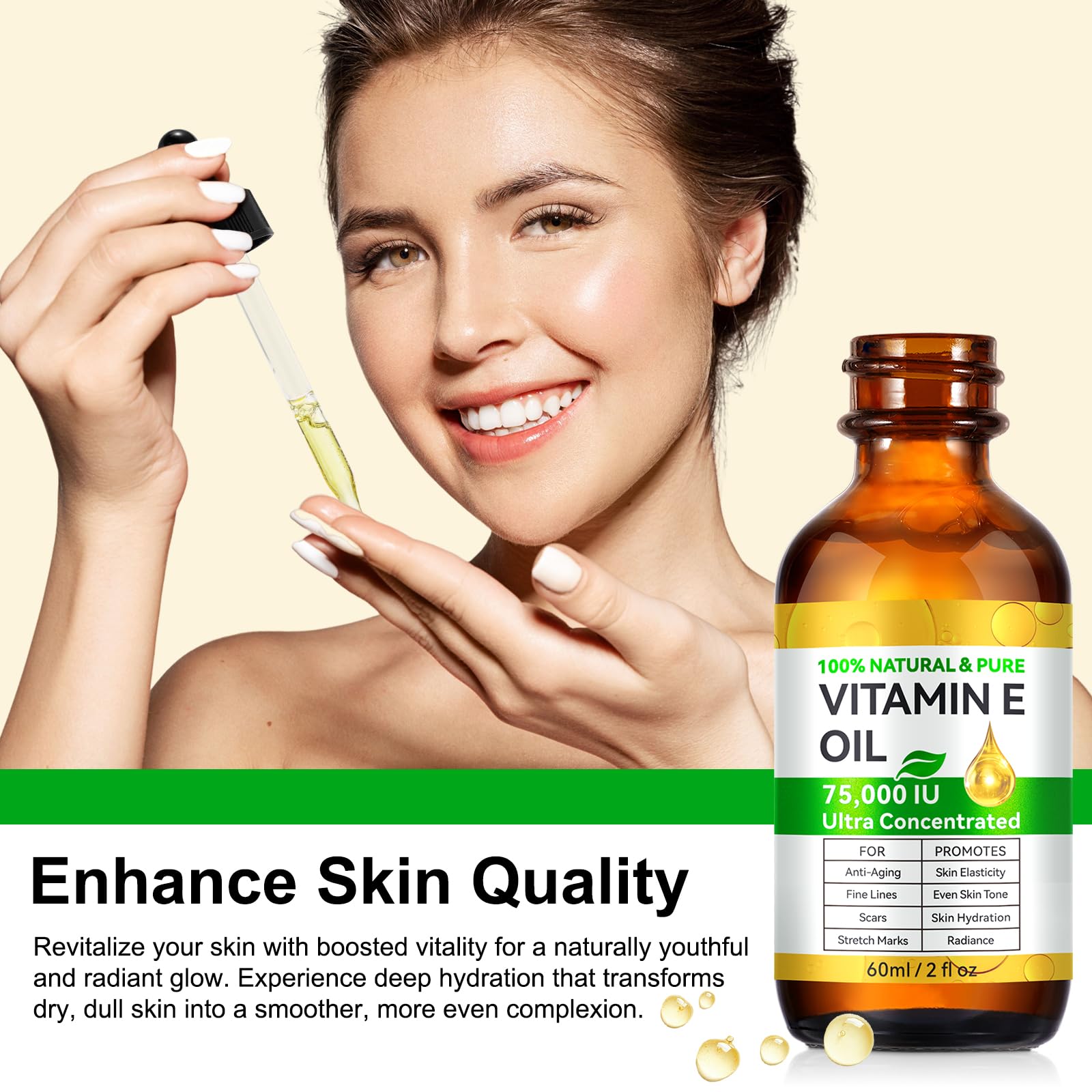 Rulviou Vitamin E Oil application scene demonstrates easy, hydrating skin care