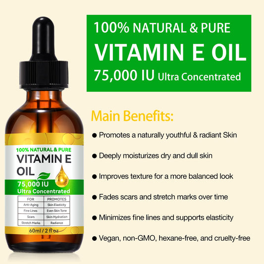 Rulviou Vitamin E Oil bottle back shows ingredients and usage tips for daily care