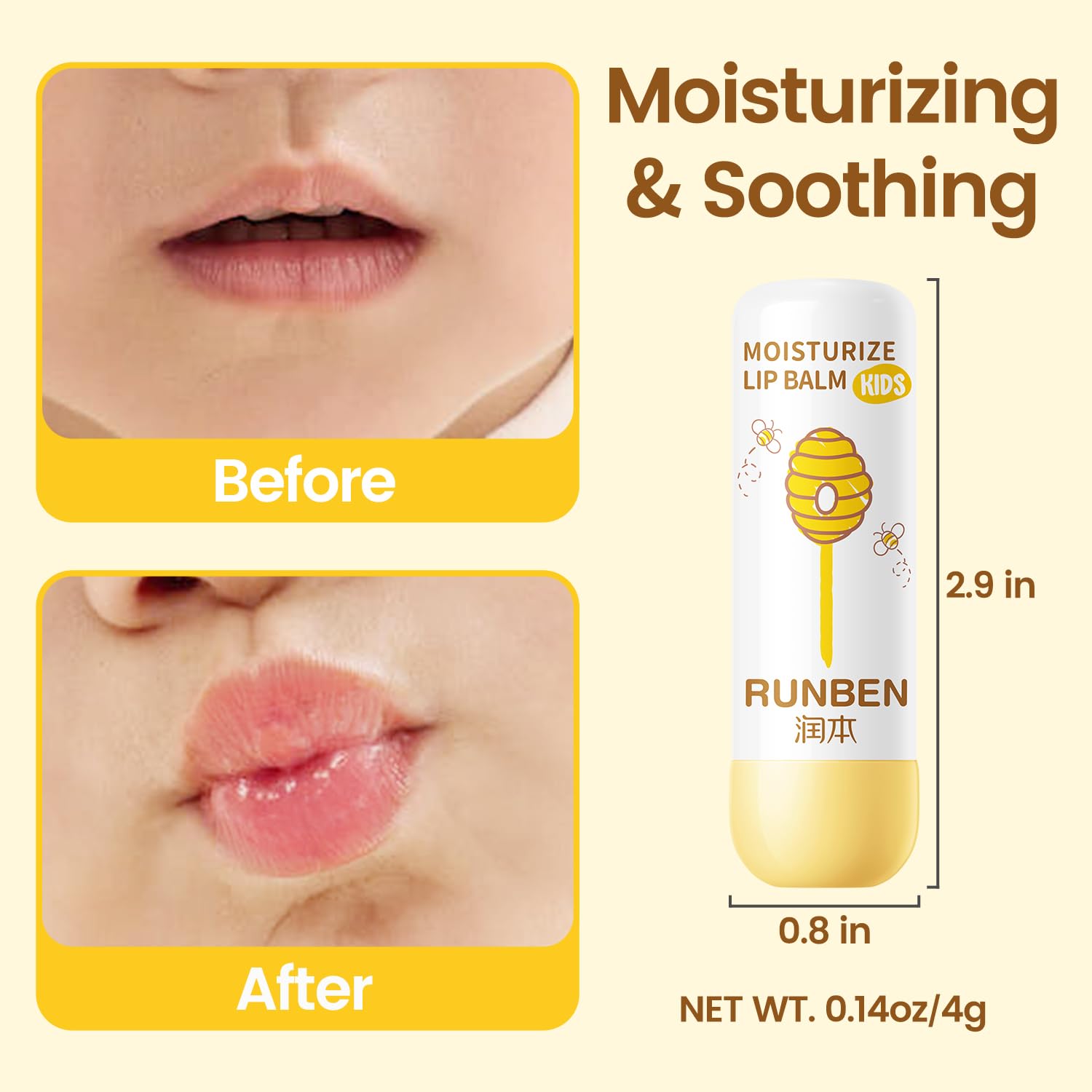 RUNBEN Kids Lip Balm on lips provides smooth, hydrated lips during daily activities.