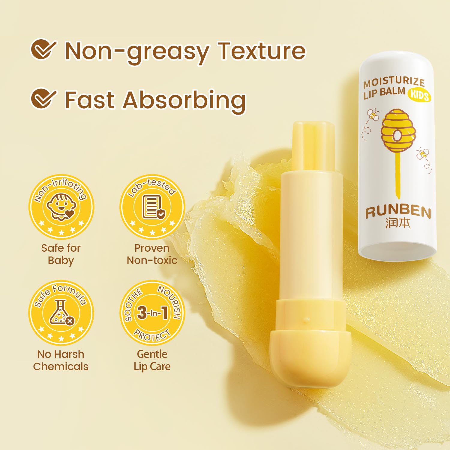 RUNBEN Safe Mild formulation features honey extracts and VE essence for gentle nourishment.