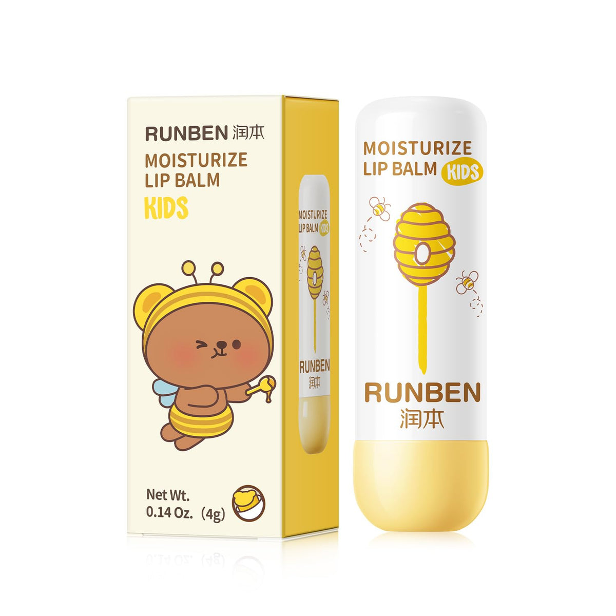 RUNBEN Kids Lip Balm tube front shows compact design for on-the-go lip care with lasting moisture.