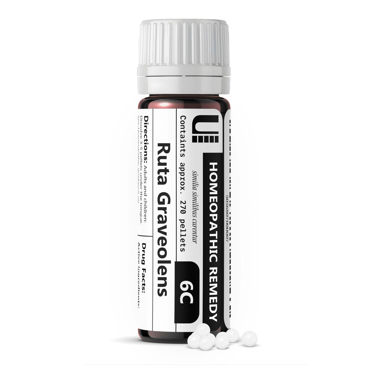 Front view of Ruta Graveolens 6C homeopathic remedy bottle containing 270 lactose-free pellets