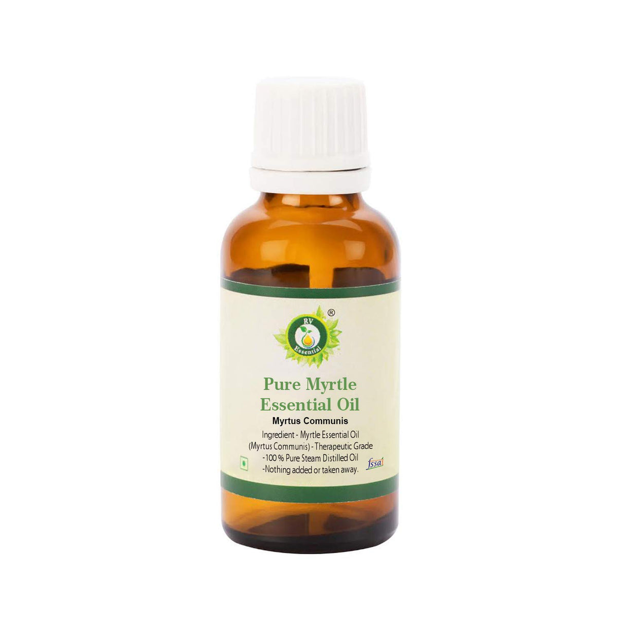 R V Essential Myrtle oil bottle, undiluted, for skincare routines.