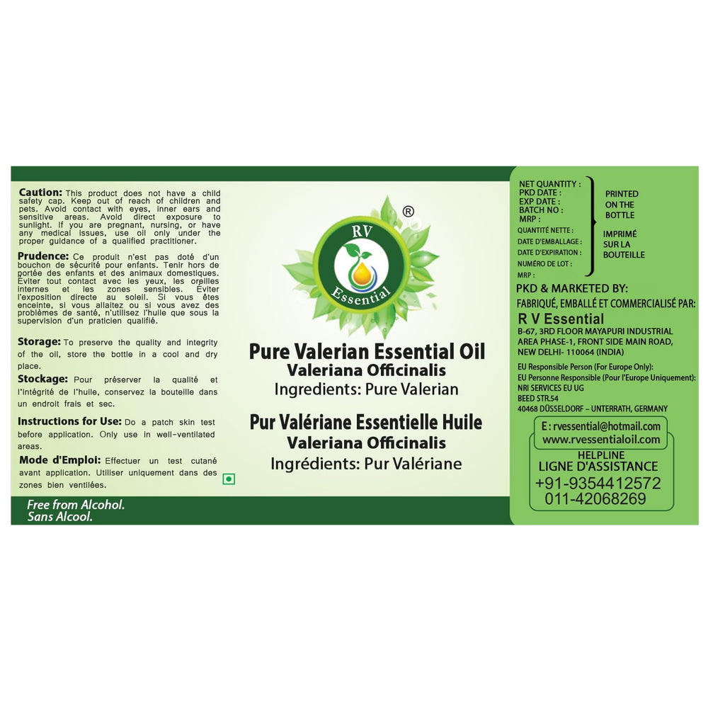 RV Essential Valerian Oil label close-up showing purity.