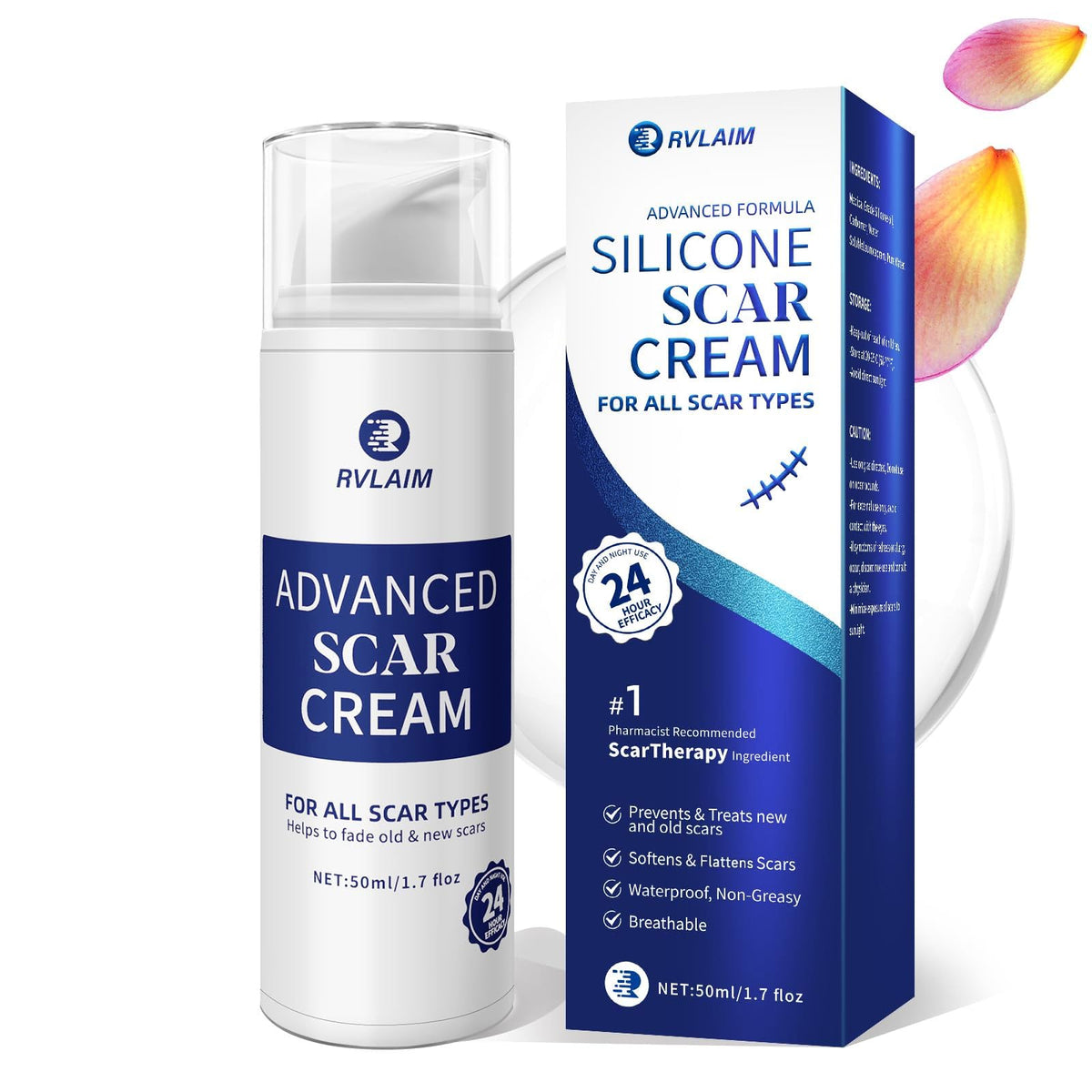 Rvlaim scar-cream bottle closeup for silicone-based scar care and moisturized skin.