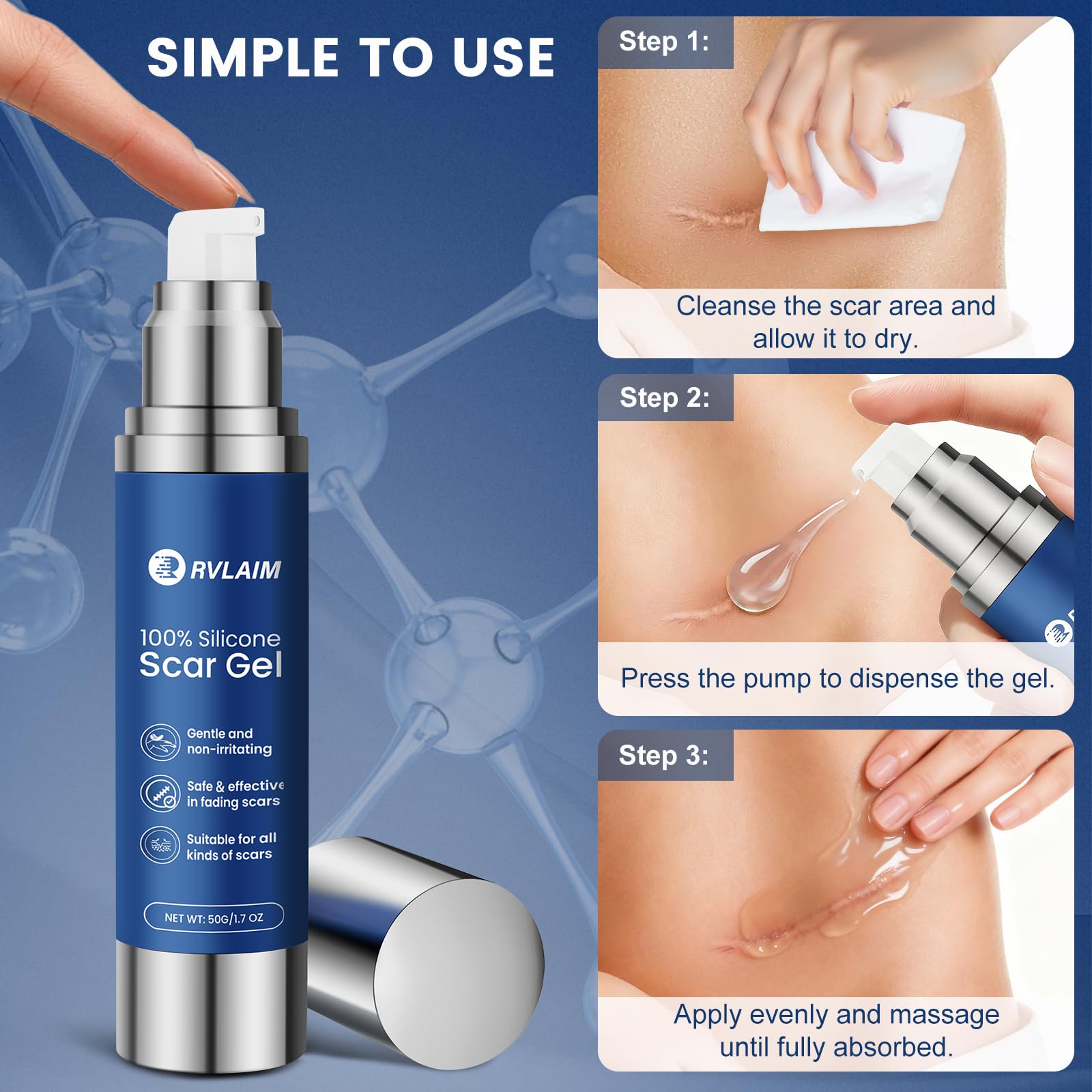 Rvlaim scar gel on skin for gradual scar improvement overnight use