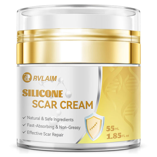 Rvlaim Silicone Scar Cream packaging showcases dermatologist-approved formula for scar visible improvement.