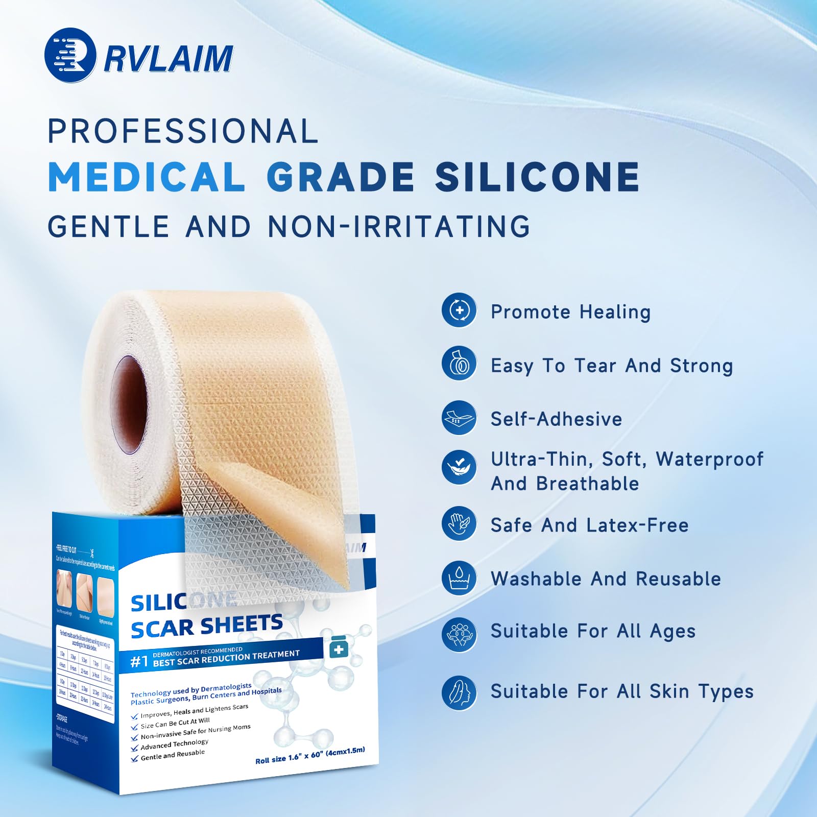 Rvlaim silicone scar sheets packaging highlights easy-to-use patch for daily wear