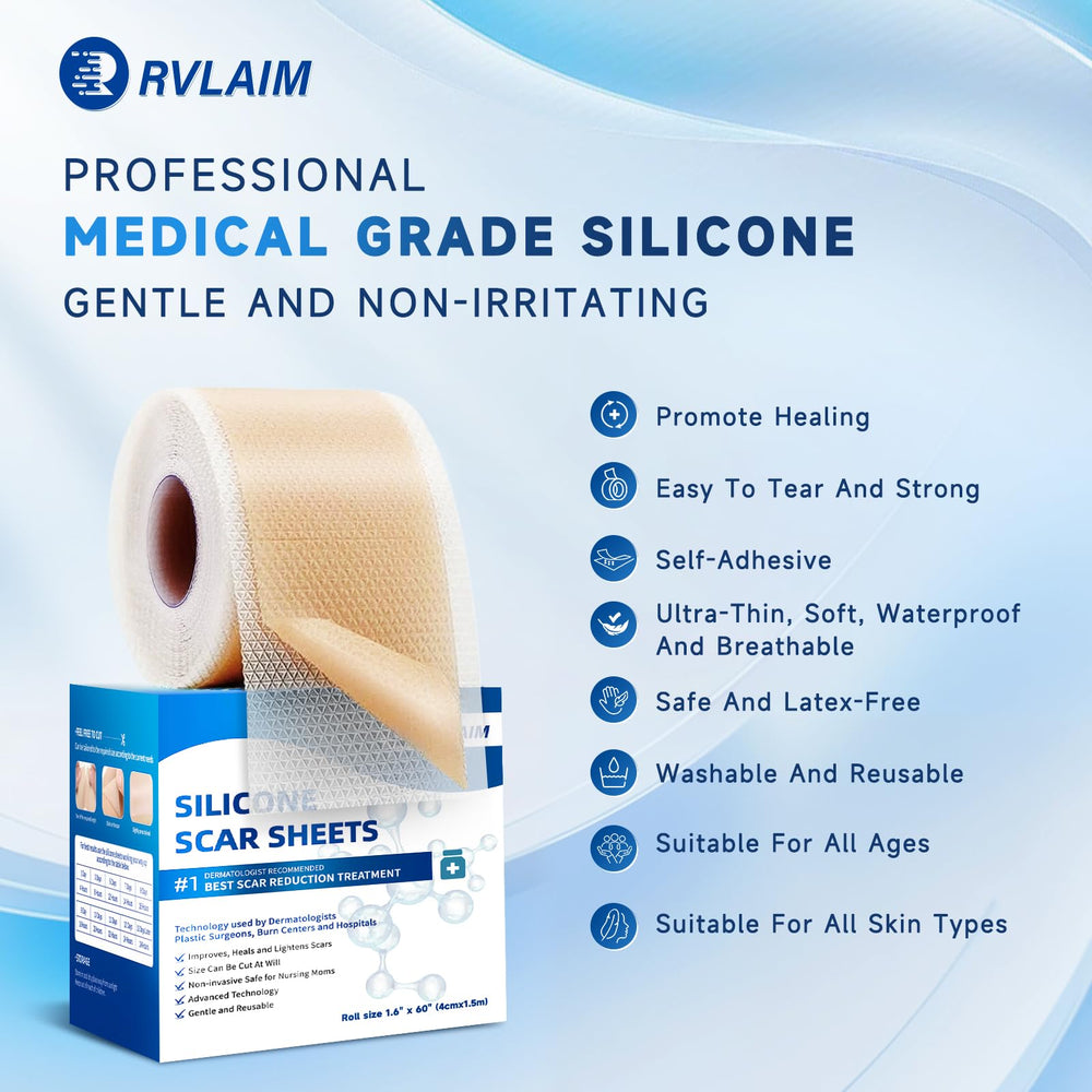 Rvlaim silicone scar sheets packaging highlights easy-to-use patch for daily wear