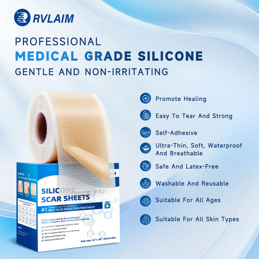 Rvlaim silicone scar sheets packaging highlights easy-to-use patch for daily wear