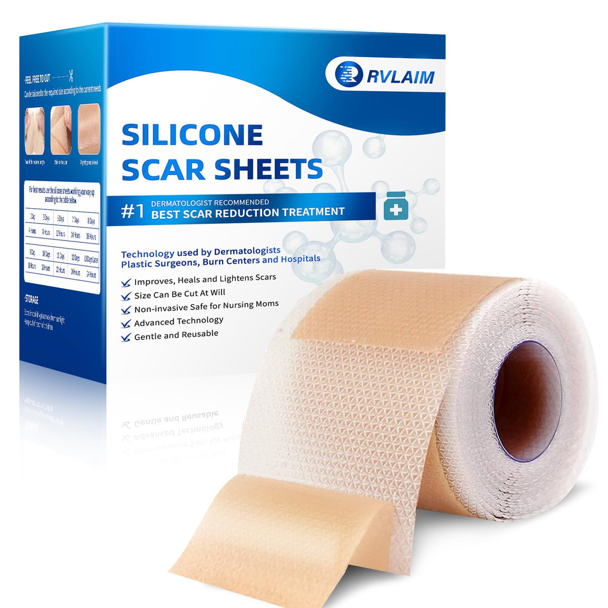Rvlaim silicone scar sheets 3M roll unrolled for moisture-retaining scar care