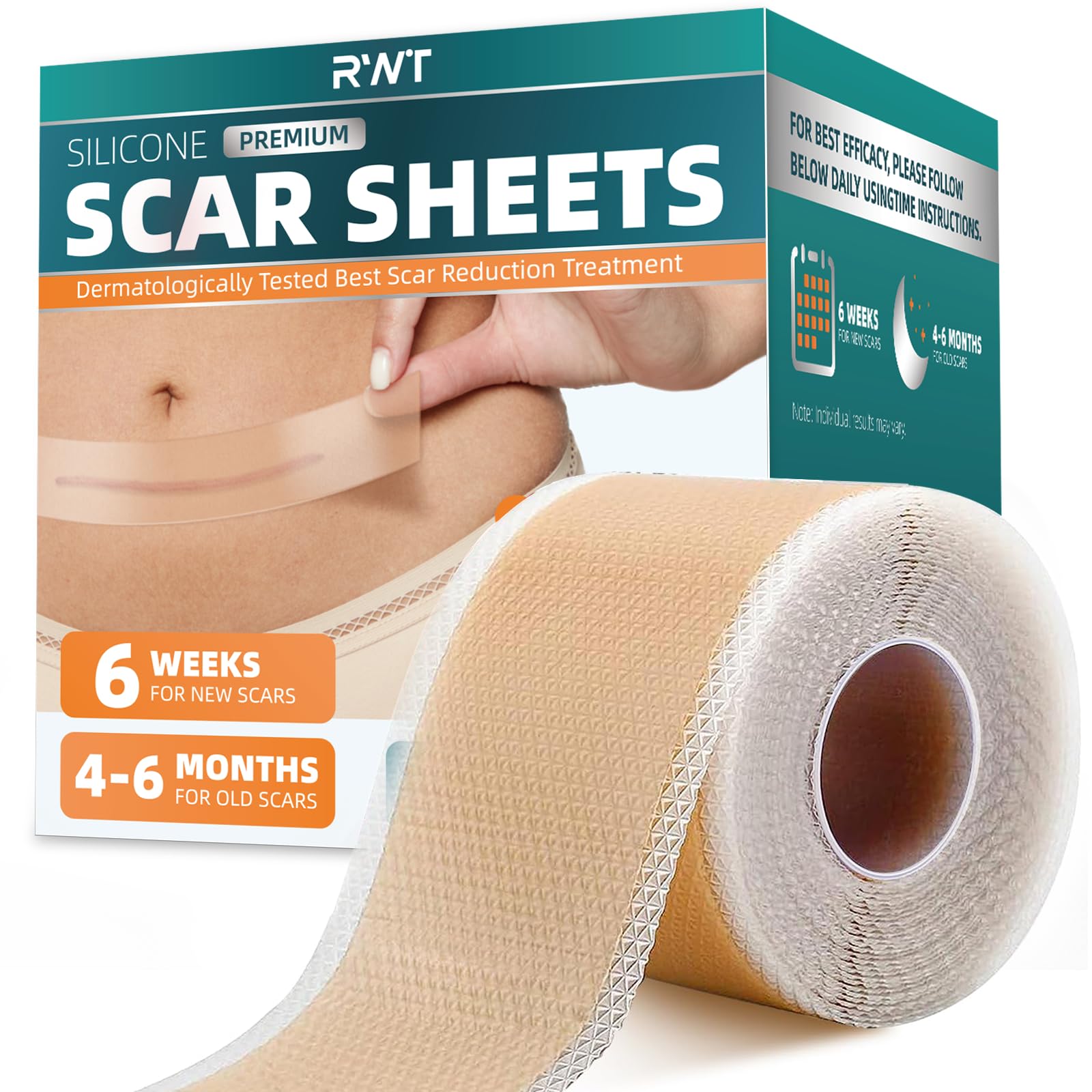 RWT silicone scar sheets roll packaging shown for easy trimming and fit.